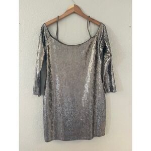 Express Women Sequin Cold Shoulder Mini Dress Pewter Silver Long Sleeve Large